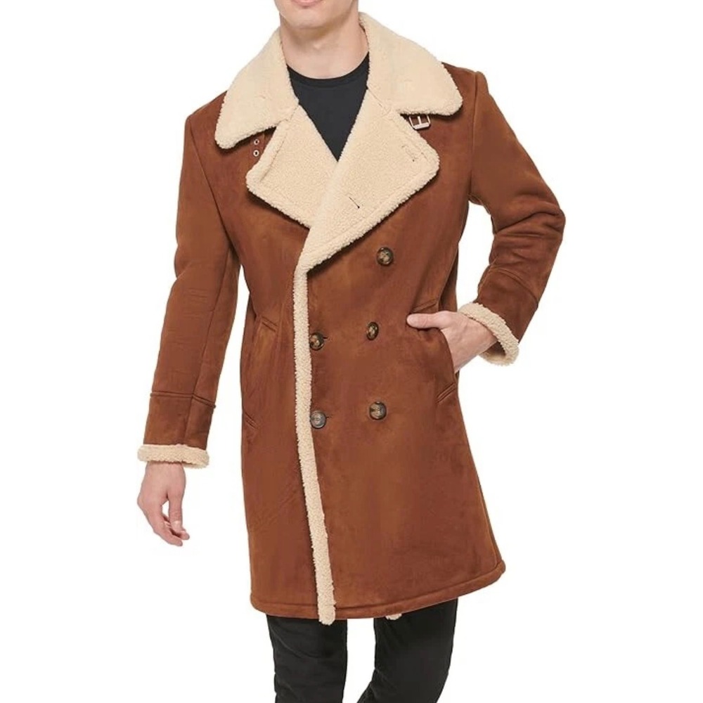 Guess Mens Faux Suede Sherpa Lined Double Breasted Coat Cognac XL 119RS218